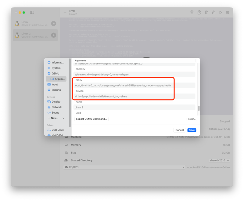 UTM QEMU Arguments pane, before adding extra share