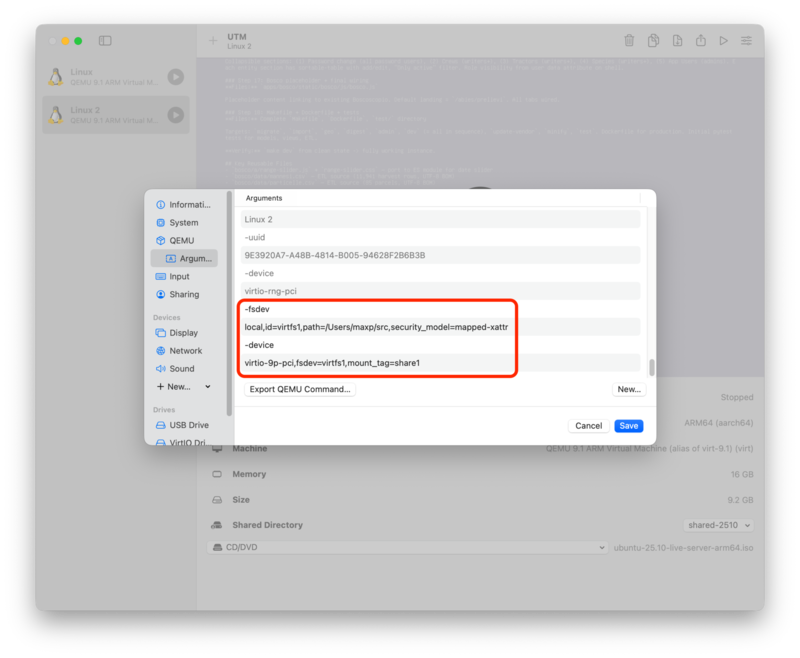 UTM QEMU Arguments pane, after adding extra share
